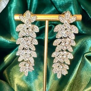 Silver-Tone Crystal Leaf Linear Drop Earrings NIP